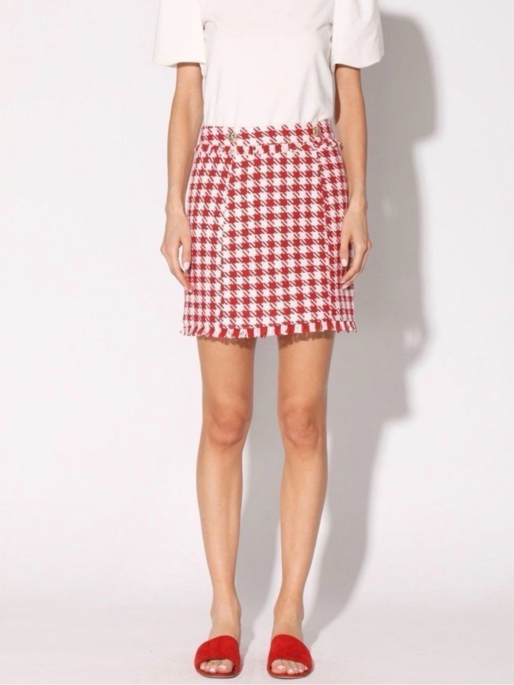 Walter Baker Red and White Houndstooth Fringe Mini Skirt